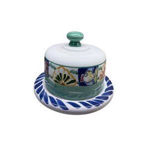 Signed Mexican Talavera Hand-Painted Cheese Butter Dish Lid Plate Table Top Read